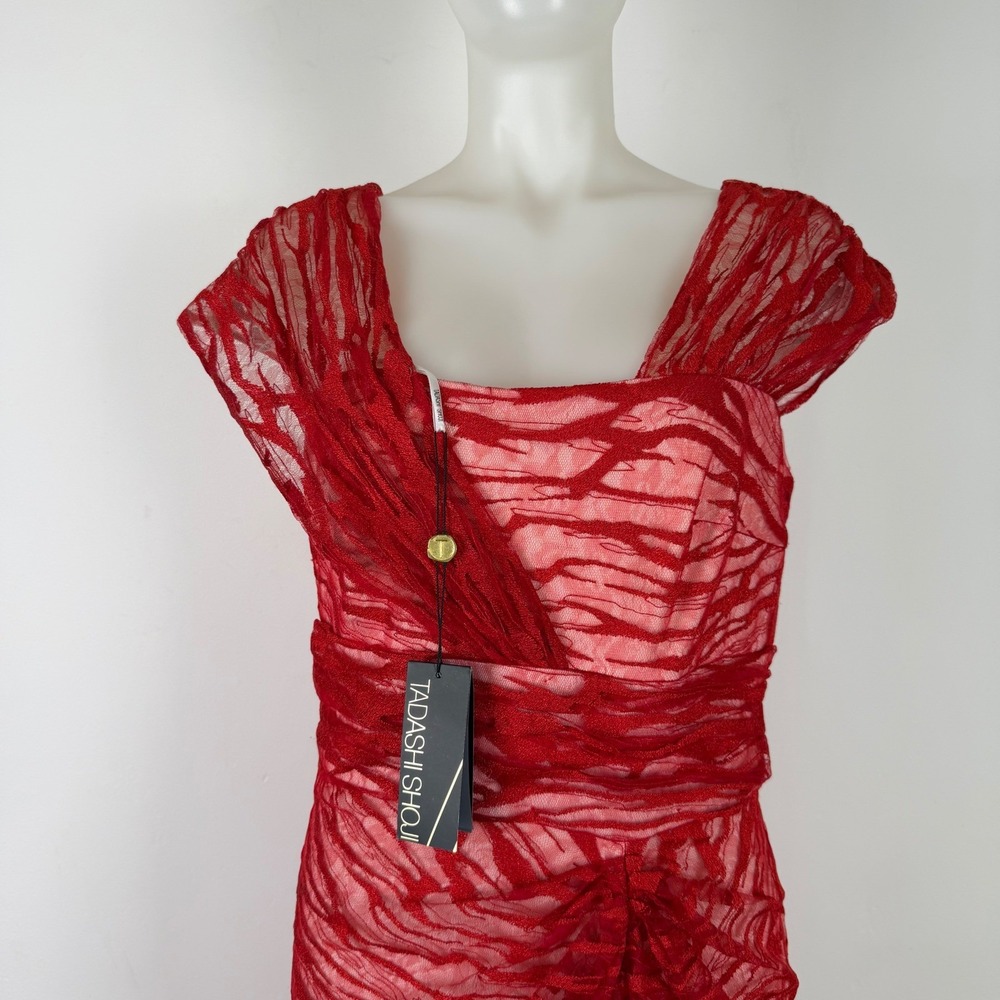 Tadashi Shoji Red Metallic Mesh Asymmetrical Gown ANT1924L Womens 8 NWT - Picture 2 of 15